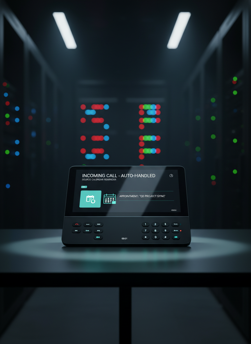A sleek, matte-black tabletop hosts a modern business phone with an ultra-clear digital display showing an incoming call being handled automatically. On the screen, a minimalist interface shows a scheduled appointment being added to a calendar, with crisp icons and subtle teal accent lights around the keypad. The background is a dark, softly blurred office environment with glowing status LEDs on servers and network equipment. Cool, focused overhead lighting creates gentle reflections on the phone’s surface and a dramatic contrast against the shadows. Photographic realism with a clean, cinematic composition shot at eye level, using shallow depth of field. The mood is confident, high-tech, and dependable, emphasizing that every call is answered and organized without human intervention.