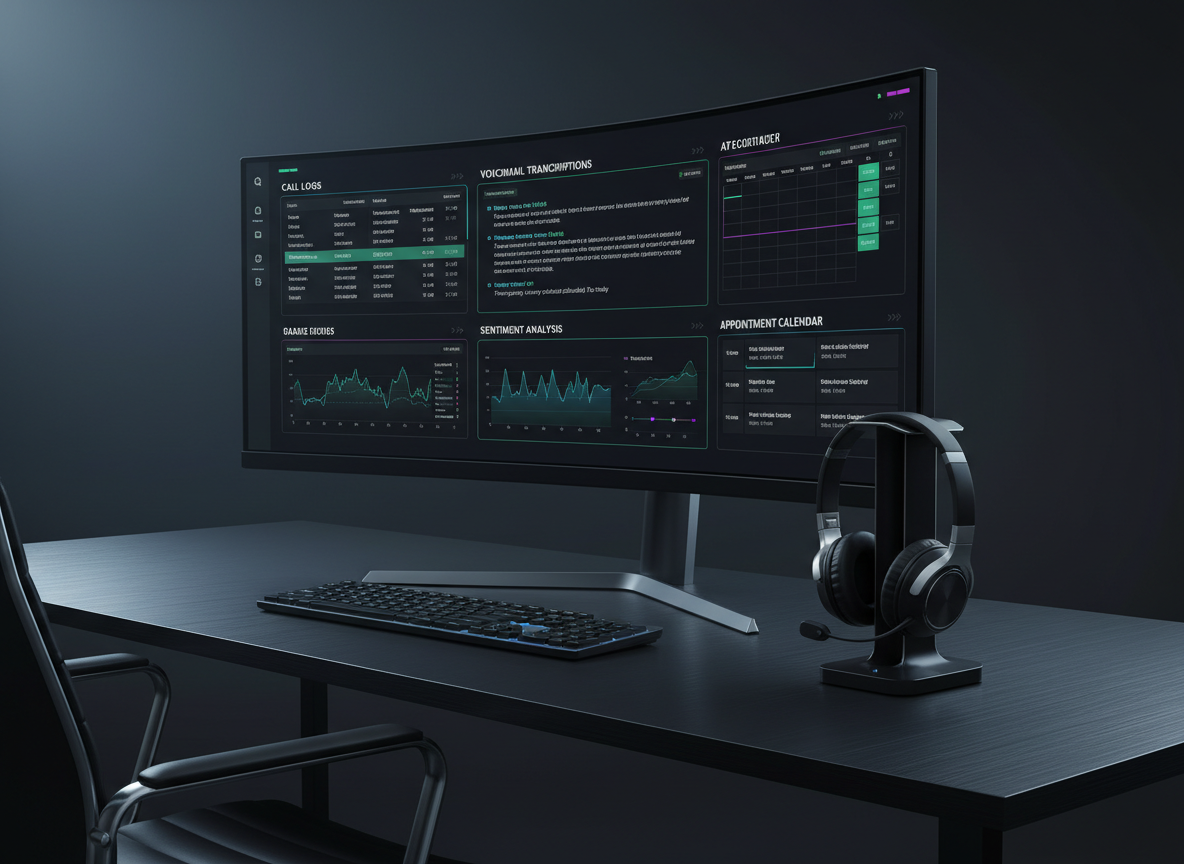 A dark, minimalist operations dashboard fills a widescreen monitor on a sleek black metal desk, showing a live status view of an AI receptionist. Panels display call logs, voicemail transcriptions, sentiment analysis graphs, and an auto-updating appointment calendar, all in a clean, neon-accented UI with deep charcoal backgrounds. A high-end headset rests unused beside the keyboard, implying no human operator is needed. Soft, cool studio lighting from one side creates controlled reflections on the monitor’s thin bezel and the brushed metal desk surface. Photographic realism with a slightly elevated, three-quarter angle, crisp focus throughout. The mood is analytical, controlled, and quietly powerful, highlighting autonomous call handling in a modern business environment.