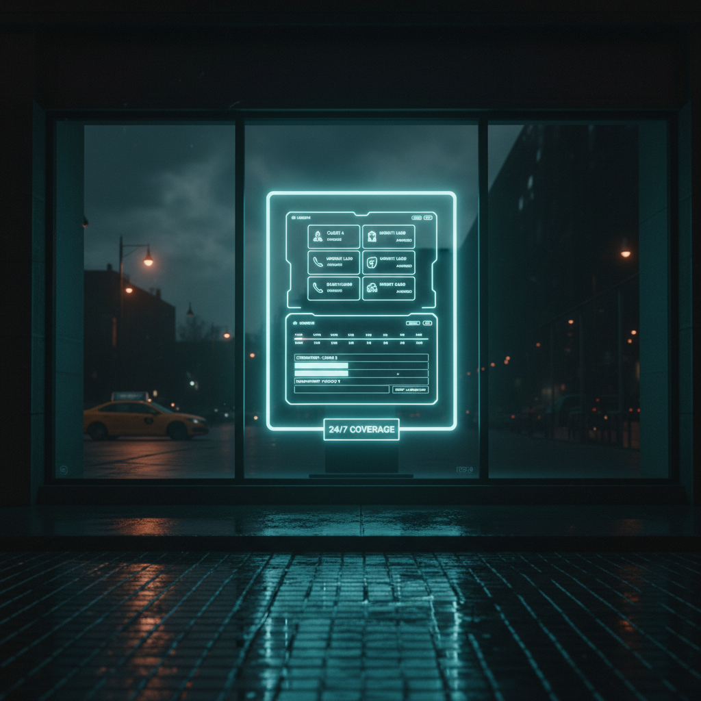 A dimly lit, closed storefront with its lights off, viewed from the outside at night, contrasted by a glowing, high-tech phone system visible through the glass. The phone’s display shows multiple calls being answered and appointments slotted into a digital calendar timeline, all rendered with crisp, legible UI elements in cool blues and whites. Streetlights cast a moody, urban glow on wet pavement, while the interior tech emits a soft cyan halo that cuts through the darkness. Photographic realism, shot from a slight low angle to emphasize the illuminated system as the hero. The atmosphere is calm but vigilant, visually conveying 24/7 coverage and zero missed calls even when the business is closed.